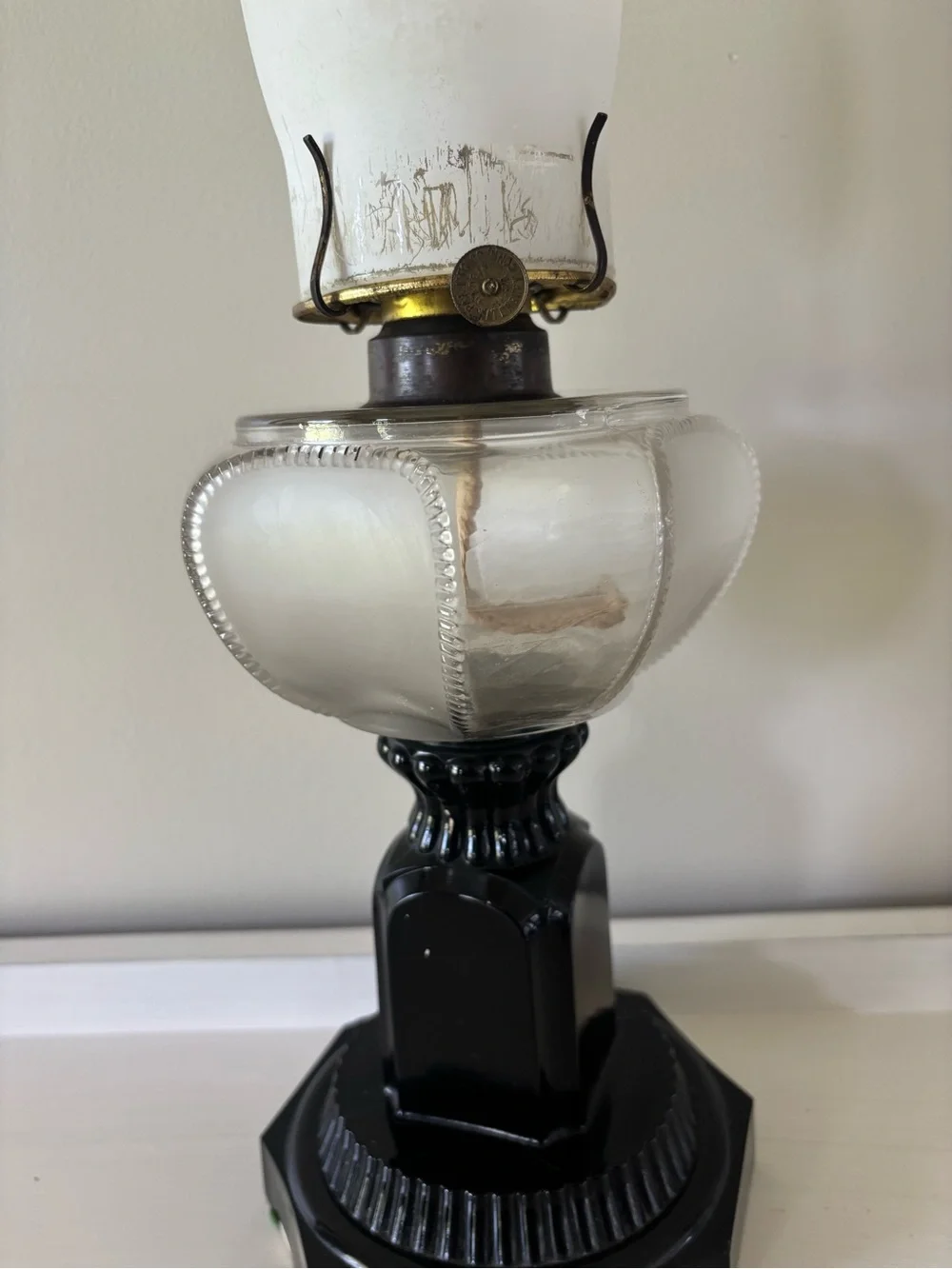 Glass Oil Lamp with Frosted Chimney - Clear & White